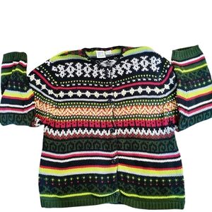Vintage Field Gear Colorful Fair Isle Cardigan Sweater Chunky Knit Eclectic Boho